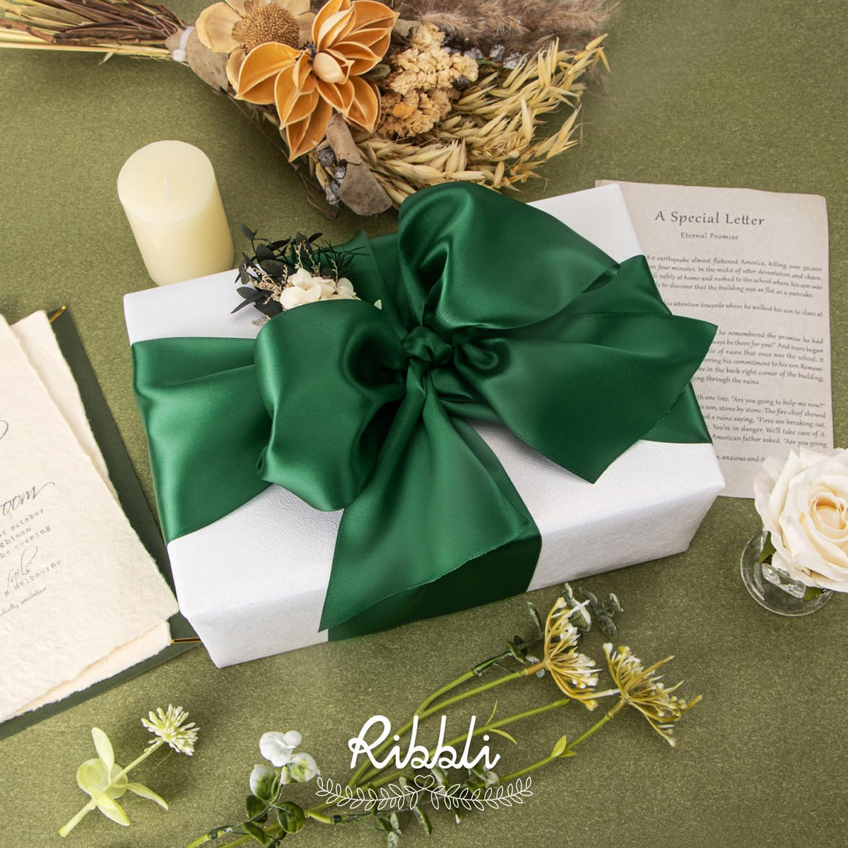 Ribbli Forest Green Satin Ribbon 4 Inch Wide Dark Green Ribbon for Wedding Chair Sash Grand Opening