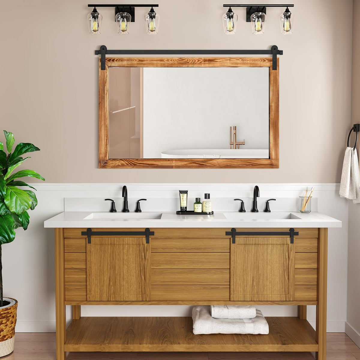 COGOOD Farmhouse Bathroom Mirror - 49 x 30 Rustic Wood Framed Wall Barn Door Mirror for Entryway