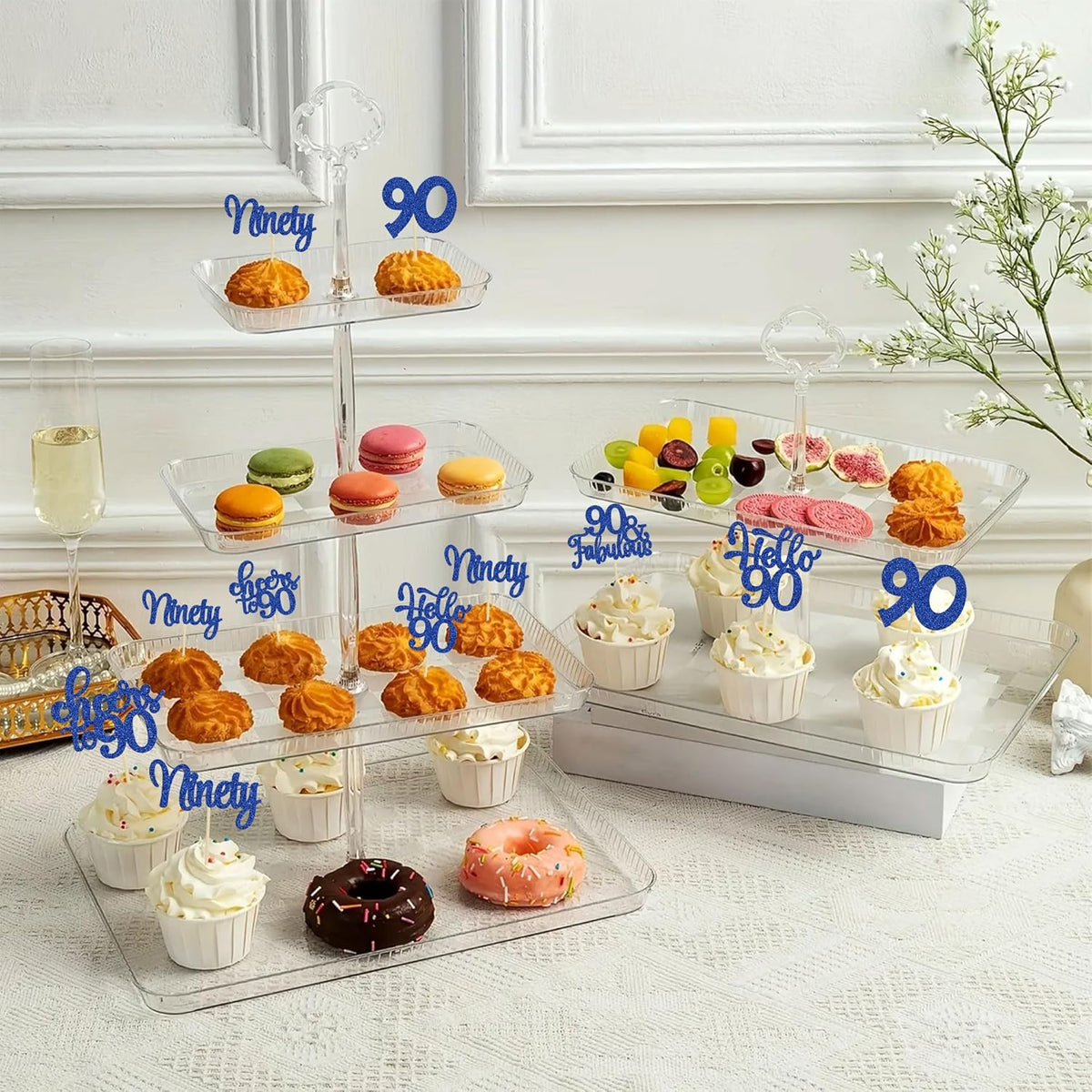 30pcs Happy 90th Birthday Cupcake Toppers - Deep Blue Glitter Ninety Cheers to 90 Years Old Cupcake