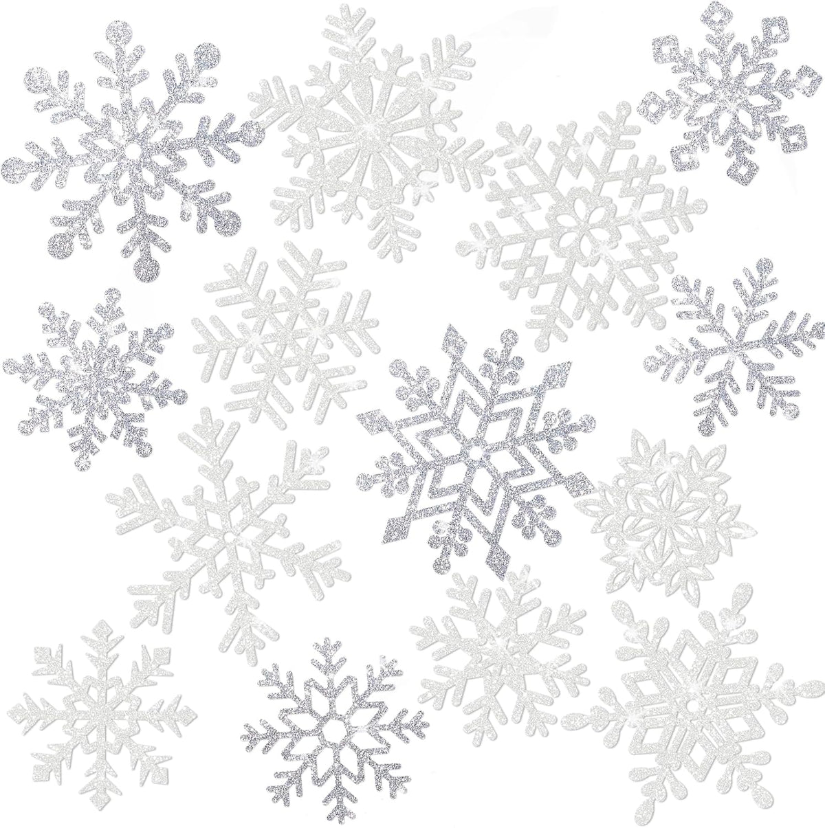 Winter Snowflake Cutouts - Glitter Paper Snowflake Decorations - 50Pcs White & Silver Double-Side