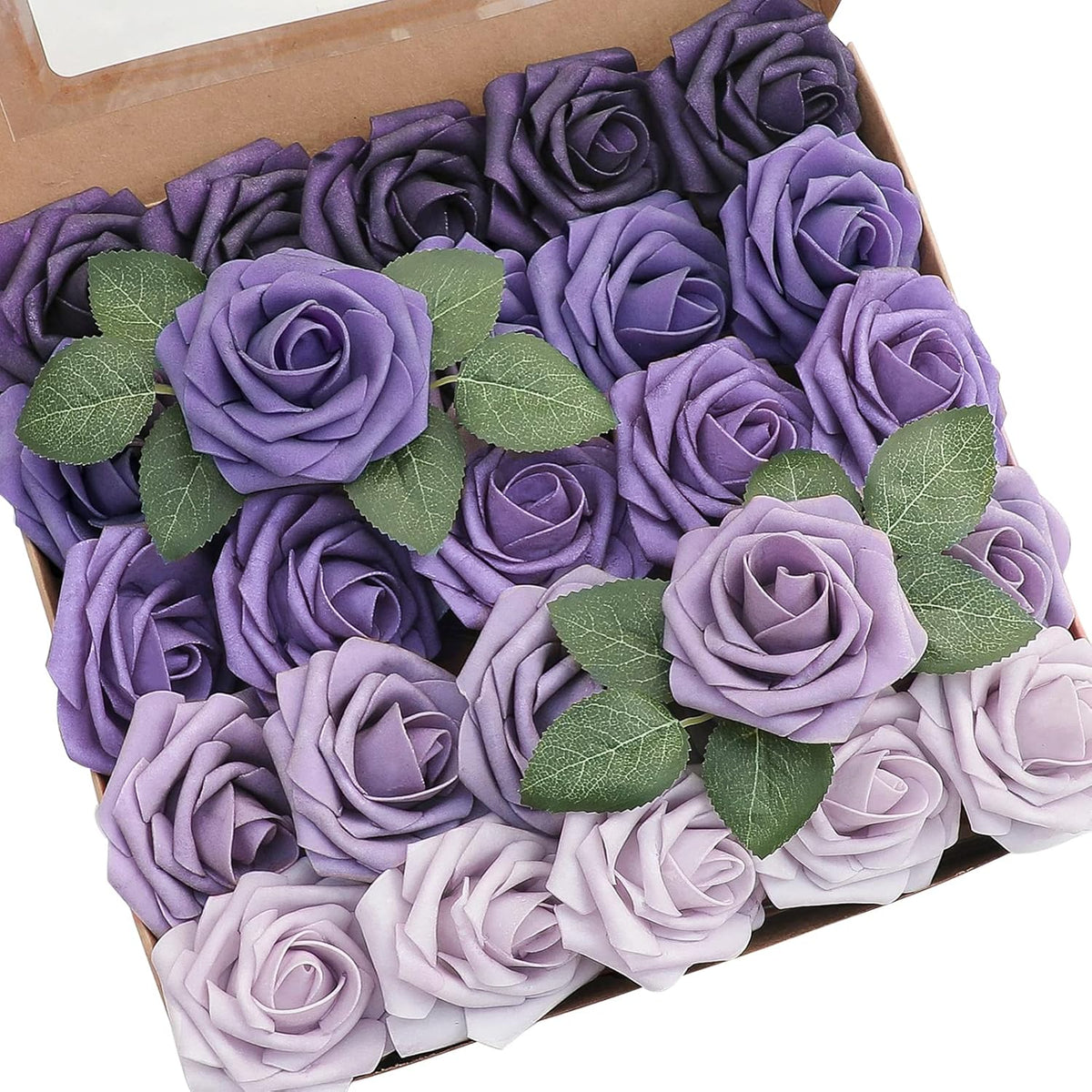 Floroom Artificial Flowers 25pcs Real Looking Lavender Purple Ombre Colors Foam Fake Roses with