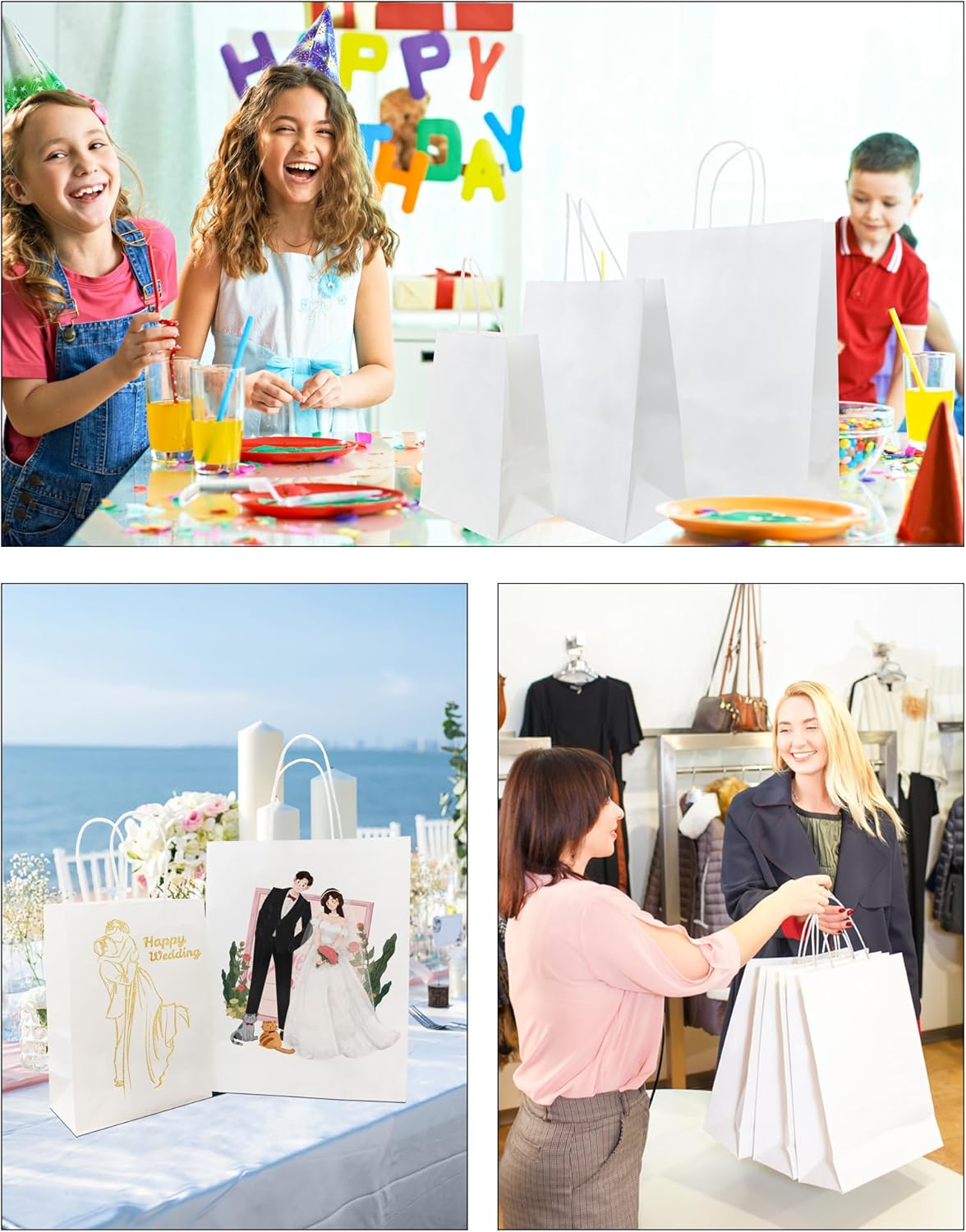 BAG BOX 25 Pack 5.9x3.1x8.25 Inch White Gift Bags with Handles,Bulk Kraft Paper Bags for Shopping