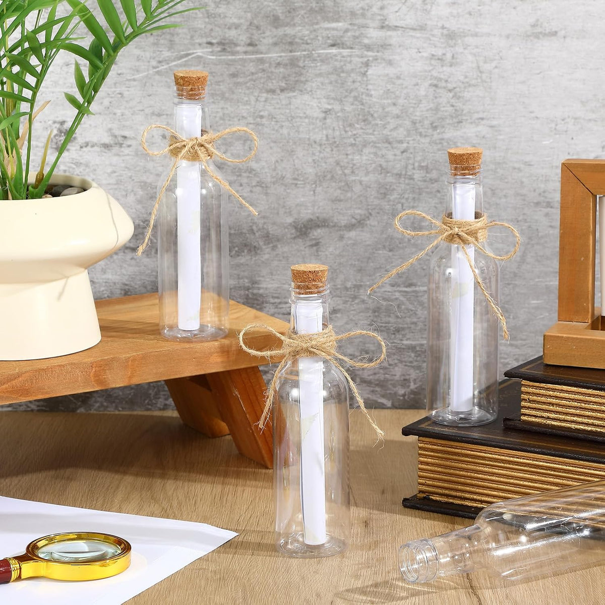 Baderke 24 Pcs 5.6 oz Message Bottles with Letter Printer Paper Plastic Bottles & Corks Twines for