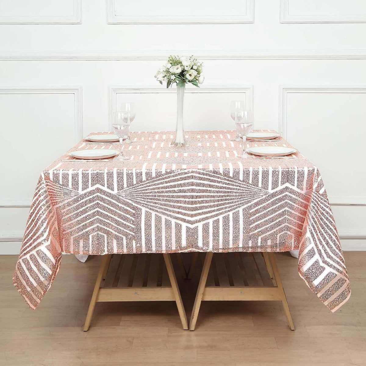 Efavormart 72" Blush Rose Gold Sparkly Sequin Geometric Tulle Square Table Overlay