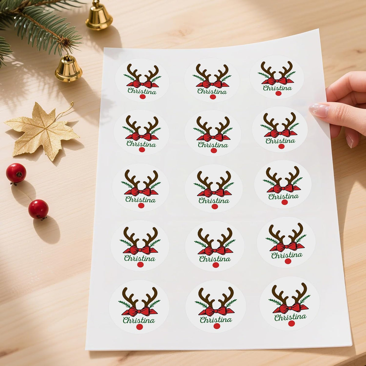 callie Personalized Christmas Stickers - Custom Name, 1.97 Inch Santa Deer Design Waterproof Merry