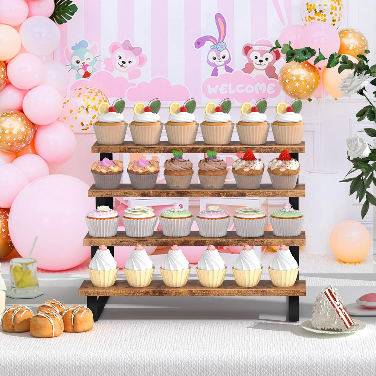 ELITEROO Cupcake Display Stand, 4 Tier Wooden Dessert Stand, Cookie Treat Stands for Dessert Table