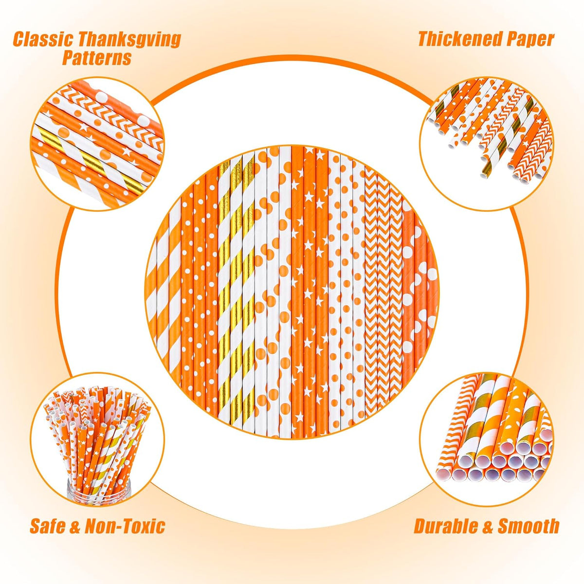 Cooraby 200 Pieces Thanksgiving Paper Straws Orange and Gold Assorted Paper Straws Biodegradable
