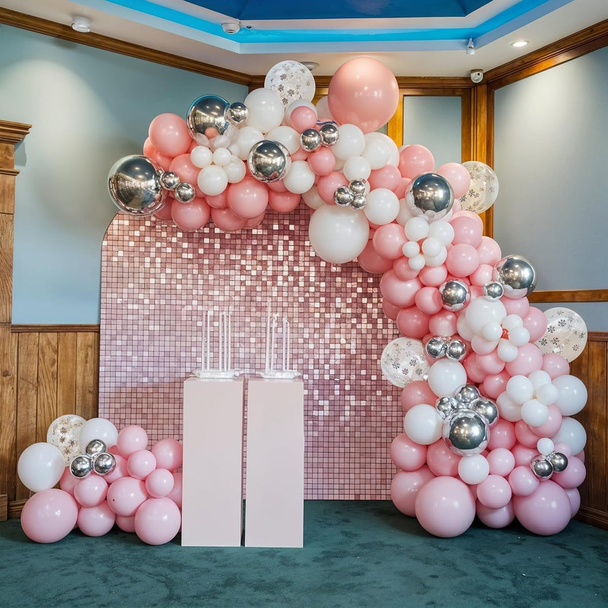 Pink and Silver Balloons, 52 PCS Snowflake Pink and White Balloons, 12 Inch Pink White Silver Pearl