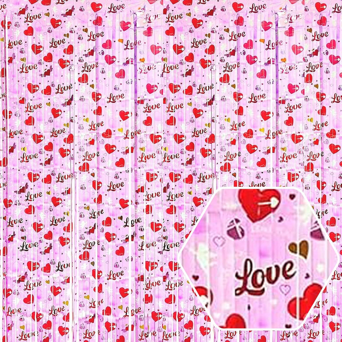 4 Pack Love Pink Wave Foil Fringe Curtain Backdrop, 3.28Ft x 8.2Ft Metallic Tinsel Foil Fringe