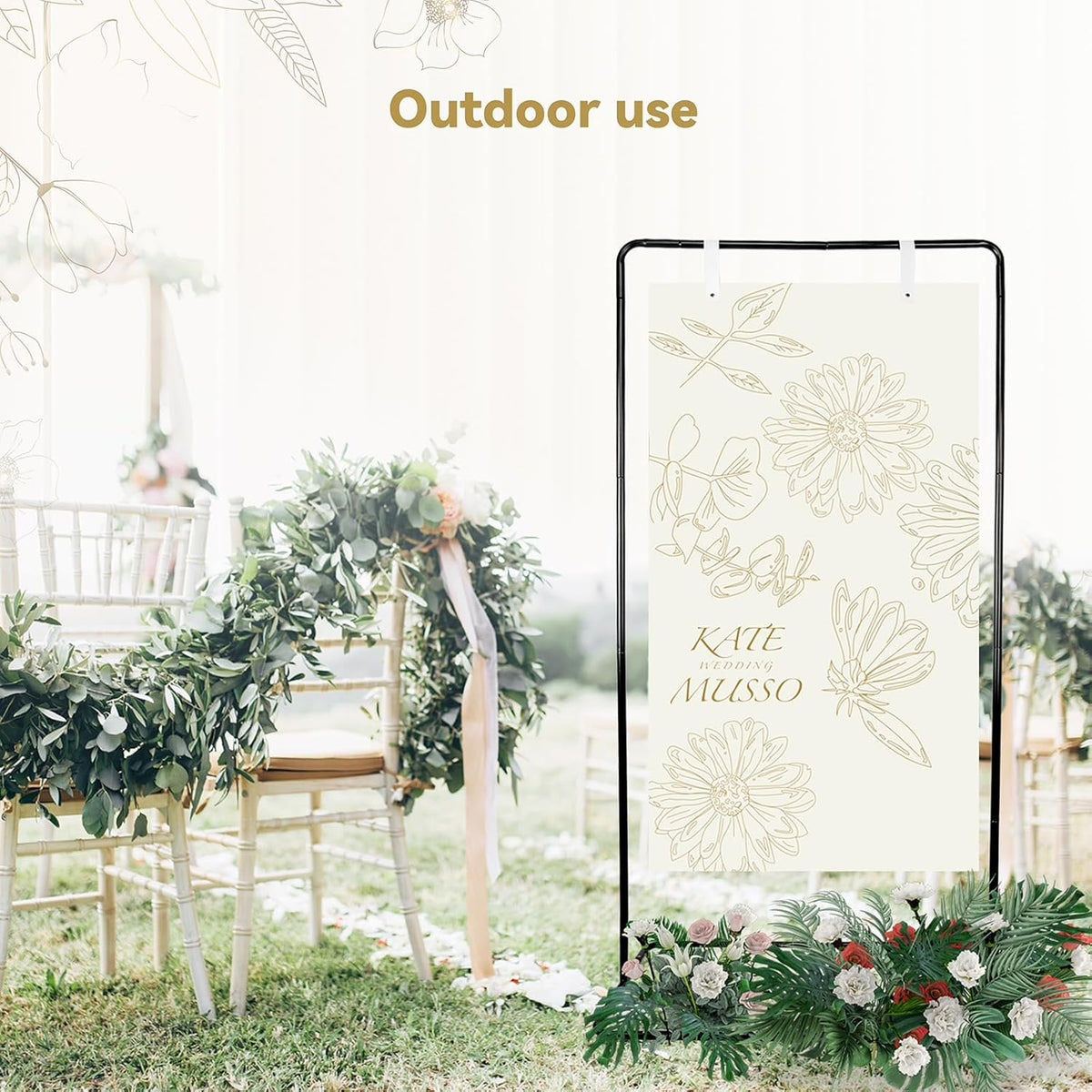 Wedding Sign Holder, Adjustable Welcome Sign Stand w/ Leather Hanging Strap, Satin Ribbon &