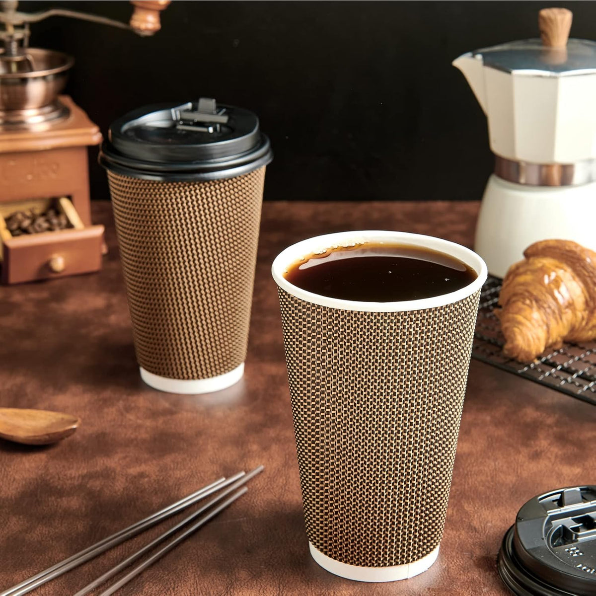 LITOPAK 80 Pack 16 oz Paper Coffee Cups, Insulated Ripple Wall Paper Cups with Lid and Straws