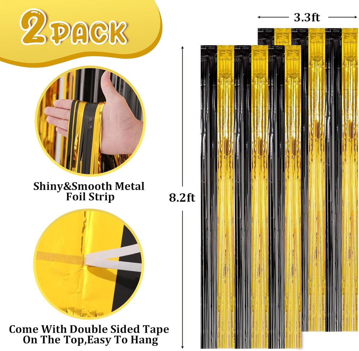 2 Pack Black and Gold Foil Fringe Backdrop Curtains, Tinsel Streamers Birthday Party Decorations