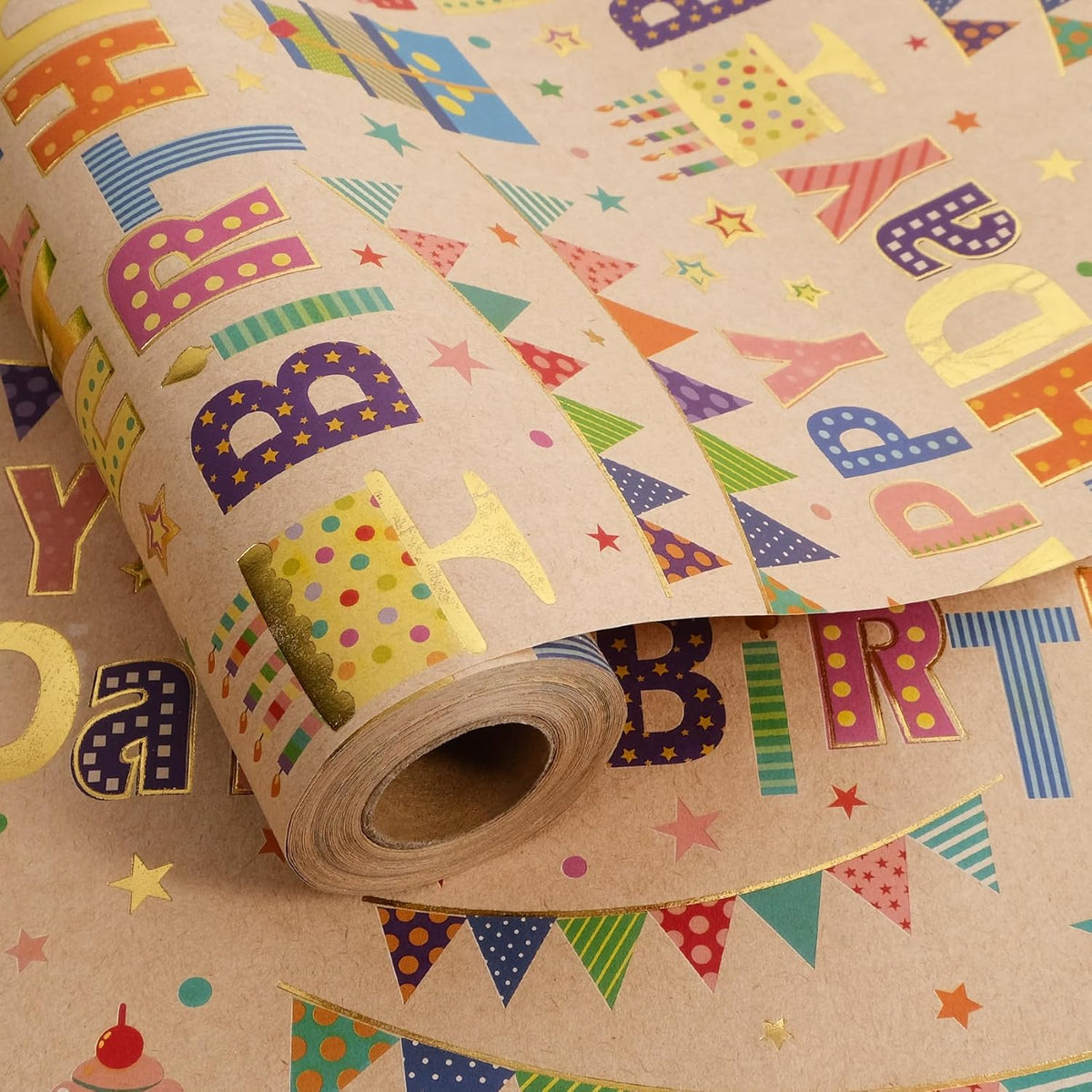 Aimyoo Colorful Birthday Wrapping Paper Roll - 17 Inch X 32.8 Feet - Gold Foil Happy Birthday
