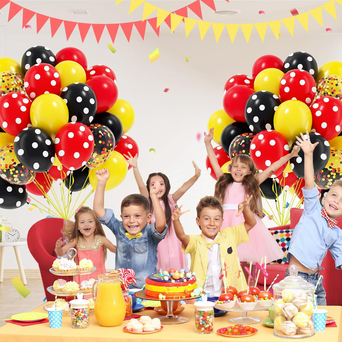 60pcs Red and Yellow Balloons 12inch with Red Print Confetti Black and Yellow Balloons for Baby