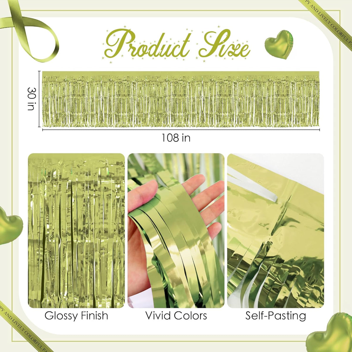 2 Pack Lime Green Table Skirts, 29x108" Metallic Foil Tinsel Fringe Table Skirt for Rectangle
