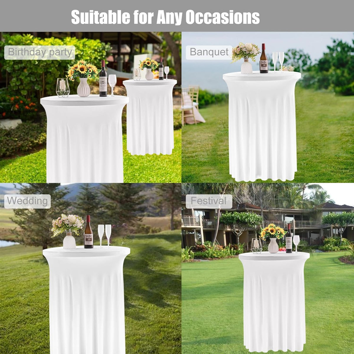 Fivenl Spandex Cocktail Table Skirt 32"x 43" White Stretch Cocktail Table Cover, Washable Round