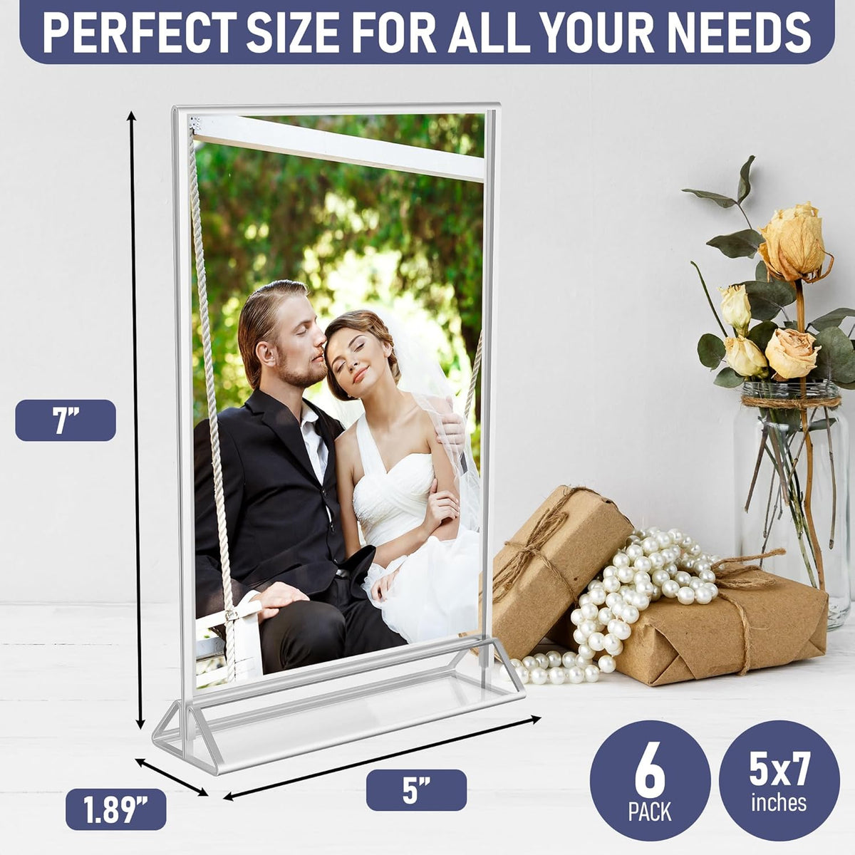 Silver Picture Frames Double-Sided, 6-Pack 5x7 Acrylic Table Number Holders, Clear Easel Stands for