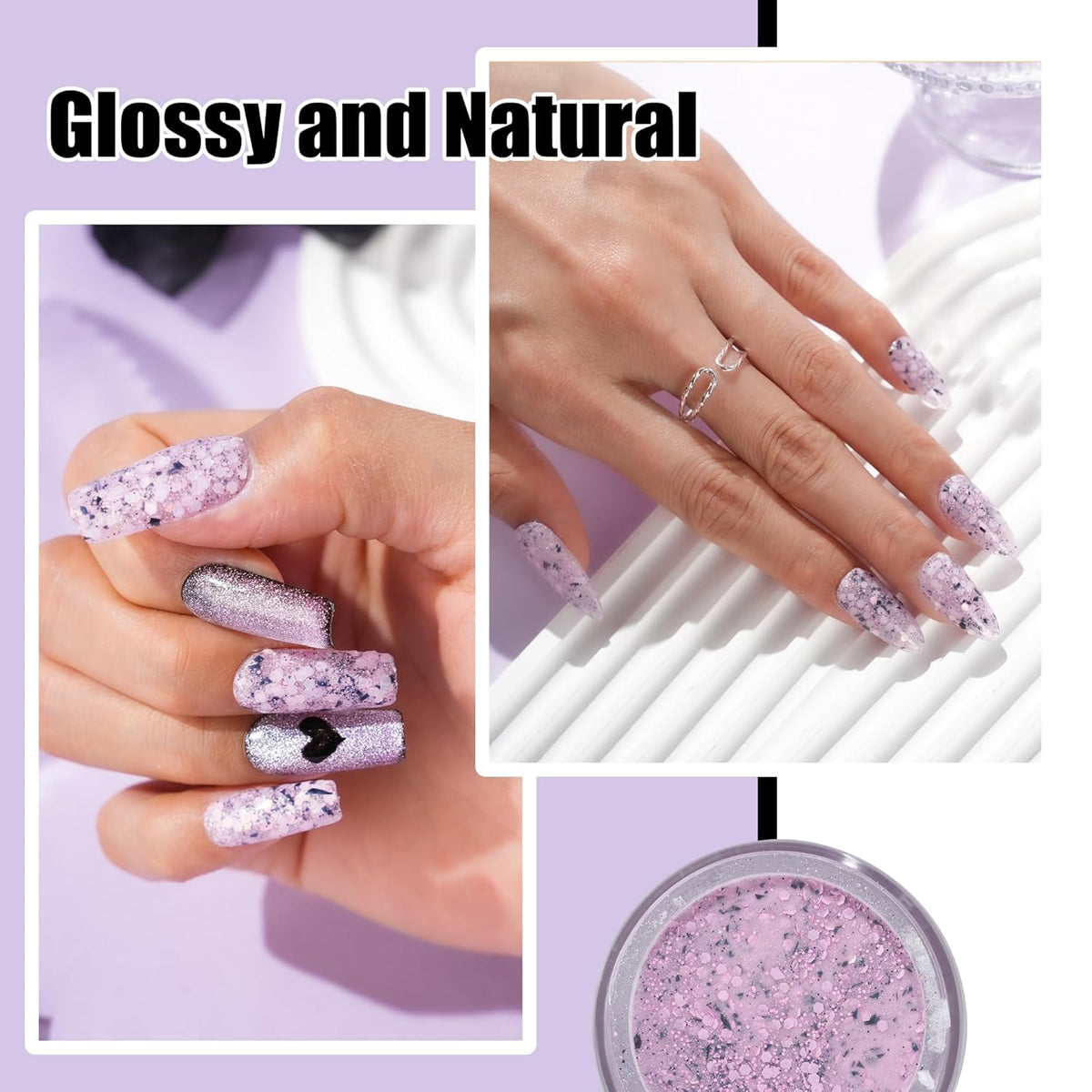 Lavender Glitter Dip Powder, Nail Dipping Powder 1 Oz/28g Purple Colors with Platinum foil for DIY