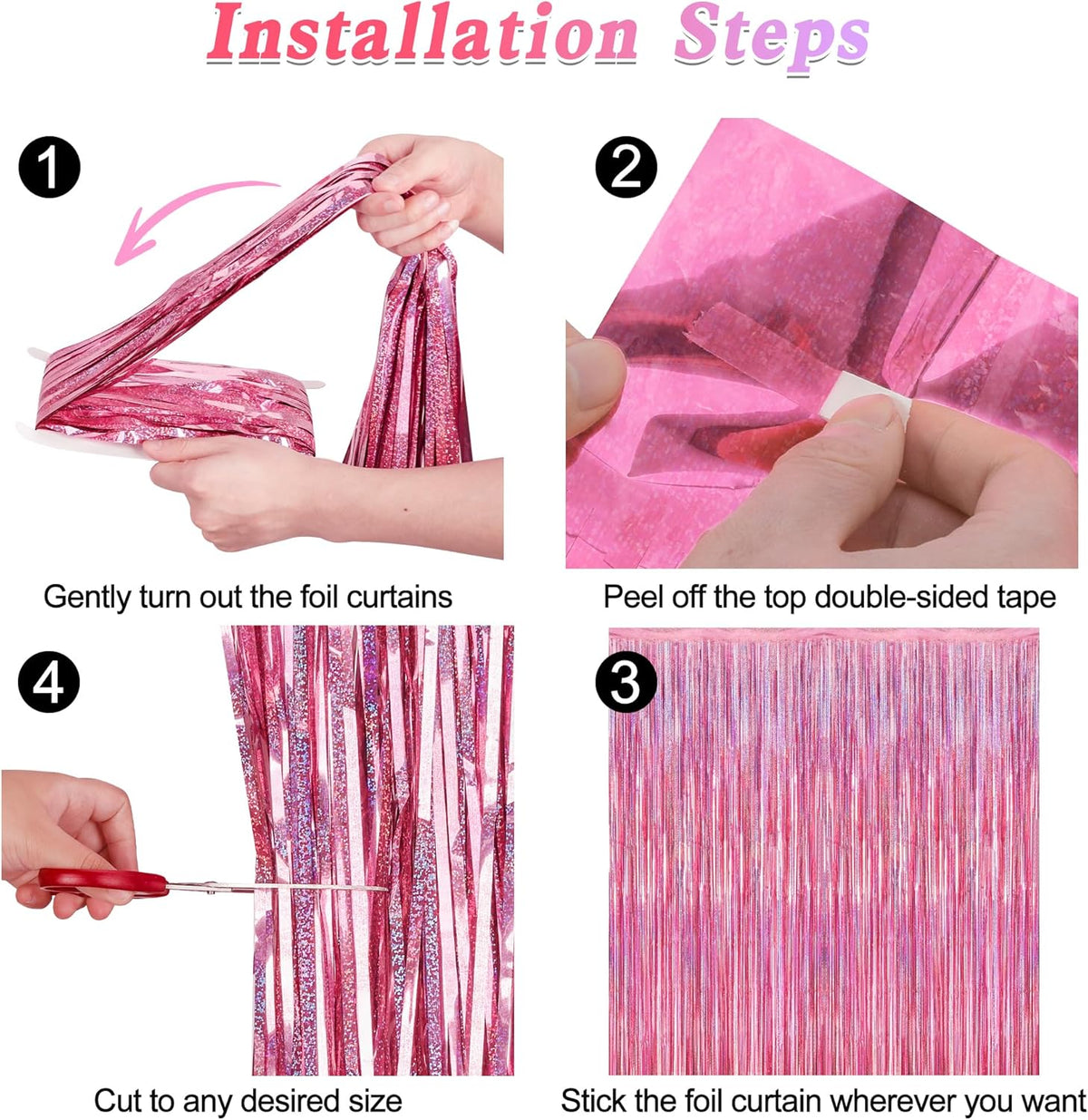 4 Pack Pink Backdrop, 3.28 FT x7.05 FT Foil Fringe Curtains, Metallic Glitter Pink Streamer Fringe