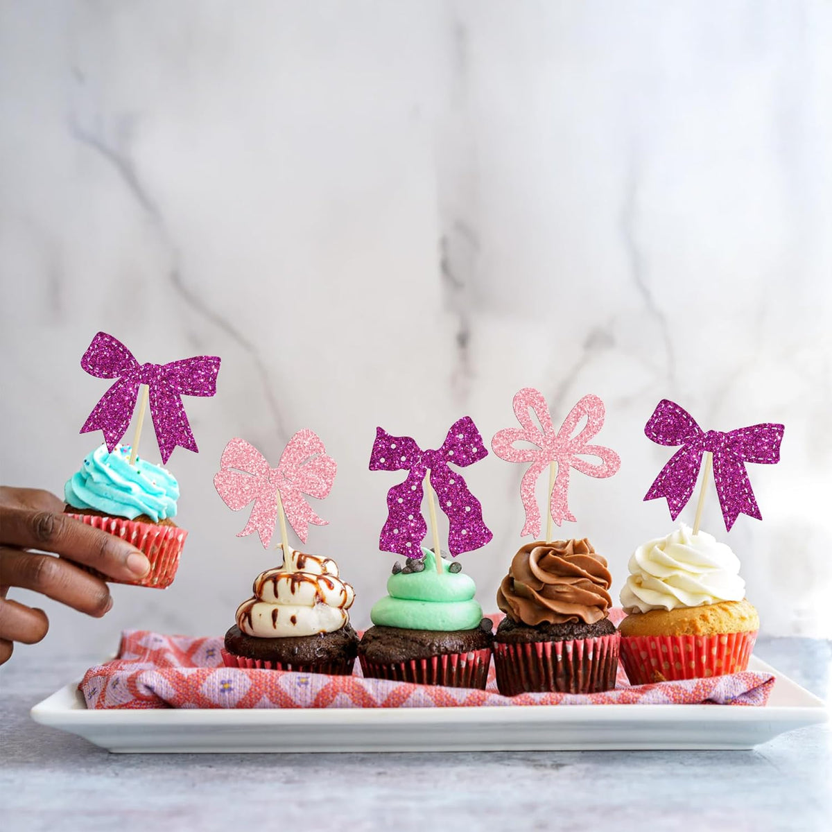Ephlyn 24Pcs Pink Bow Cupcake Toppers Bow Birthday Cake Topper Girls Birthday Party Decorations