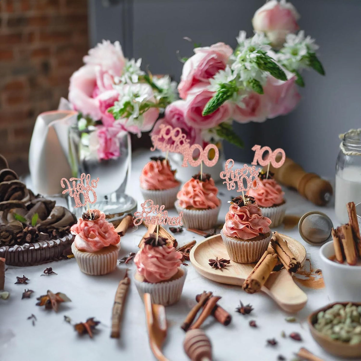 30pcs Happy 100th Birthday Cupcake Toppers - Rose Gold Glitter One Hundred Cheers to 100 Years Old