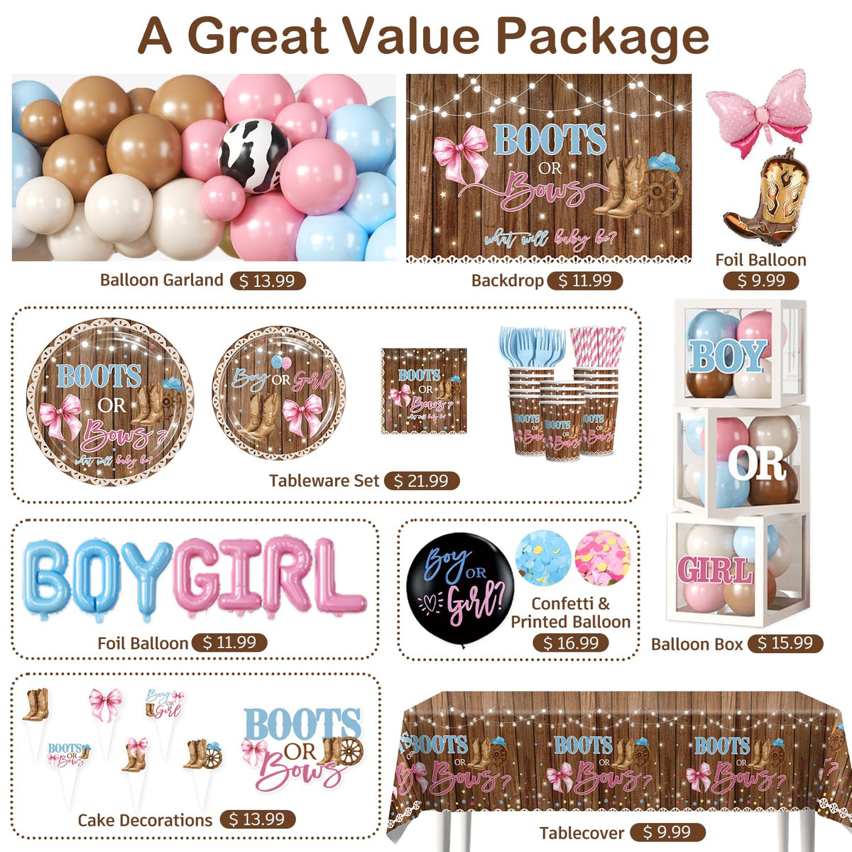 Cocomigo Boots or Bows Gender Reveal Decorations,Serves for 25