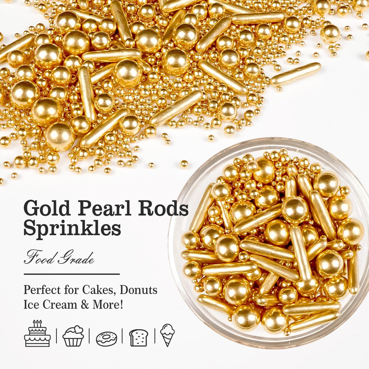 Gold Pearl Rods Sprinkles for Cake Decorating, Edible Sugar Pearls Rods Candy, 150g/5.29oz, Mix