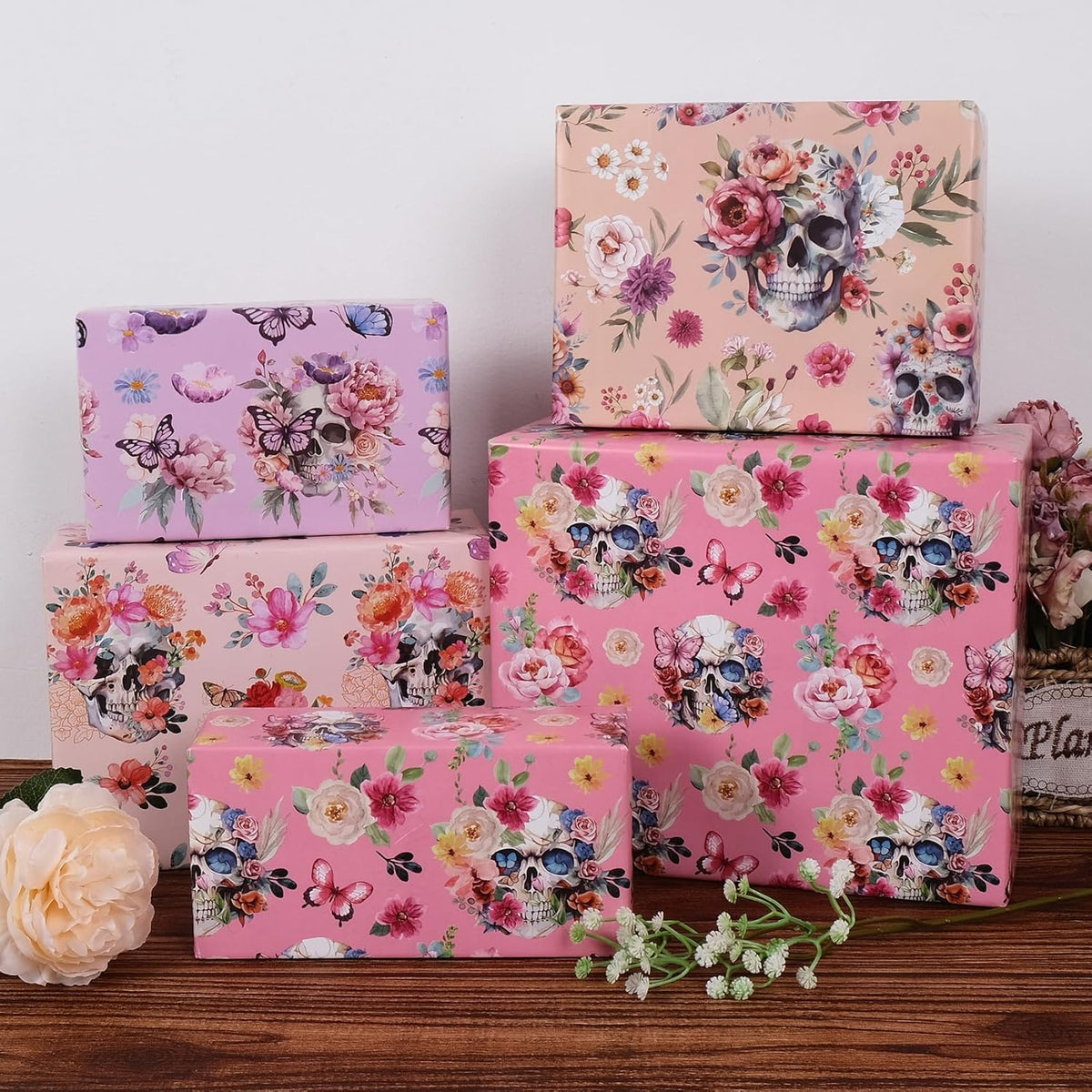 Aimyoo Gothic Wrapping Paper Rolls, 17 Inch X 16.5 Feet - 4 Rolls - Skull Floral Butterfly Design