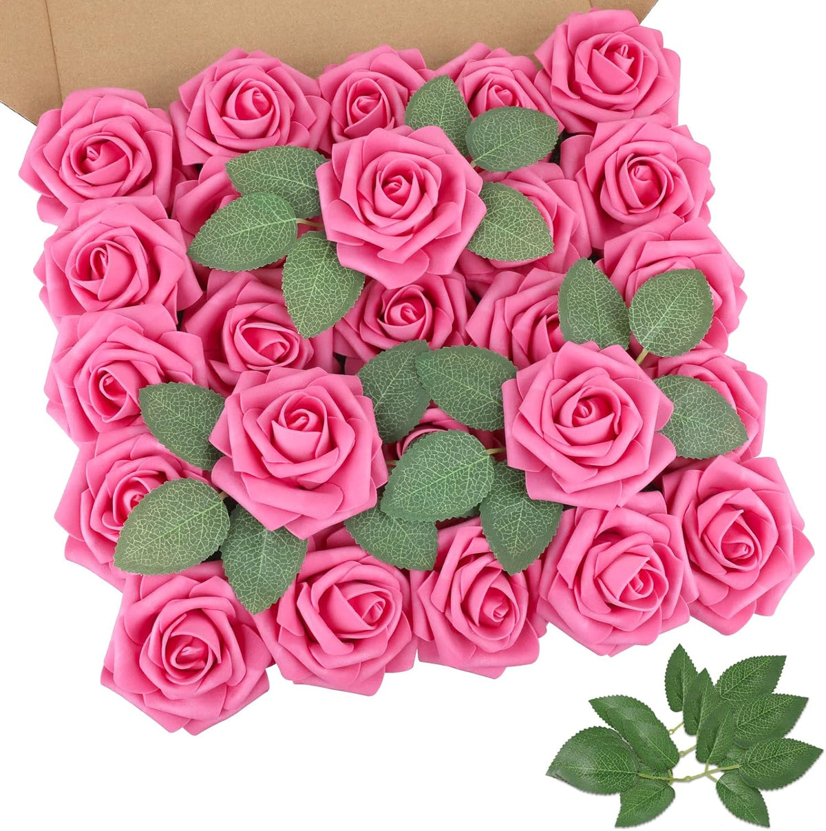 AmyHomie 25pcs Real Looking Artificial Hot Pink Roses w/Stem for DIY Wedding Bouquets Centerpieces