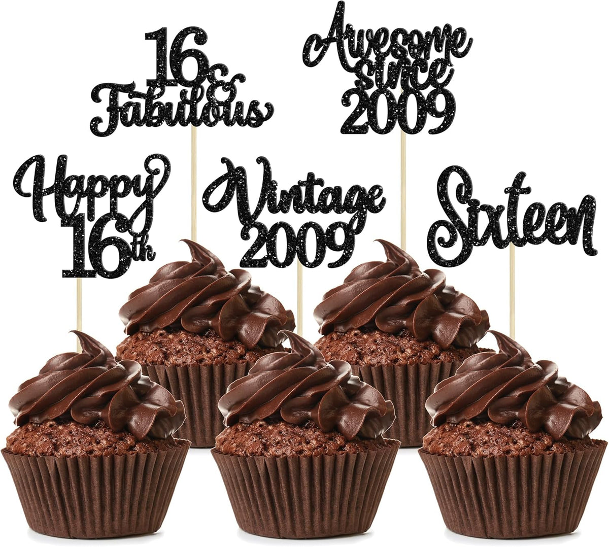 30Pcs Happy 16th Birthday Cupcake Toppers Glitter Sixteen Vintage 2009 Cupcake Picks Cheers to 16