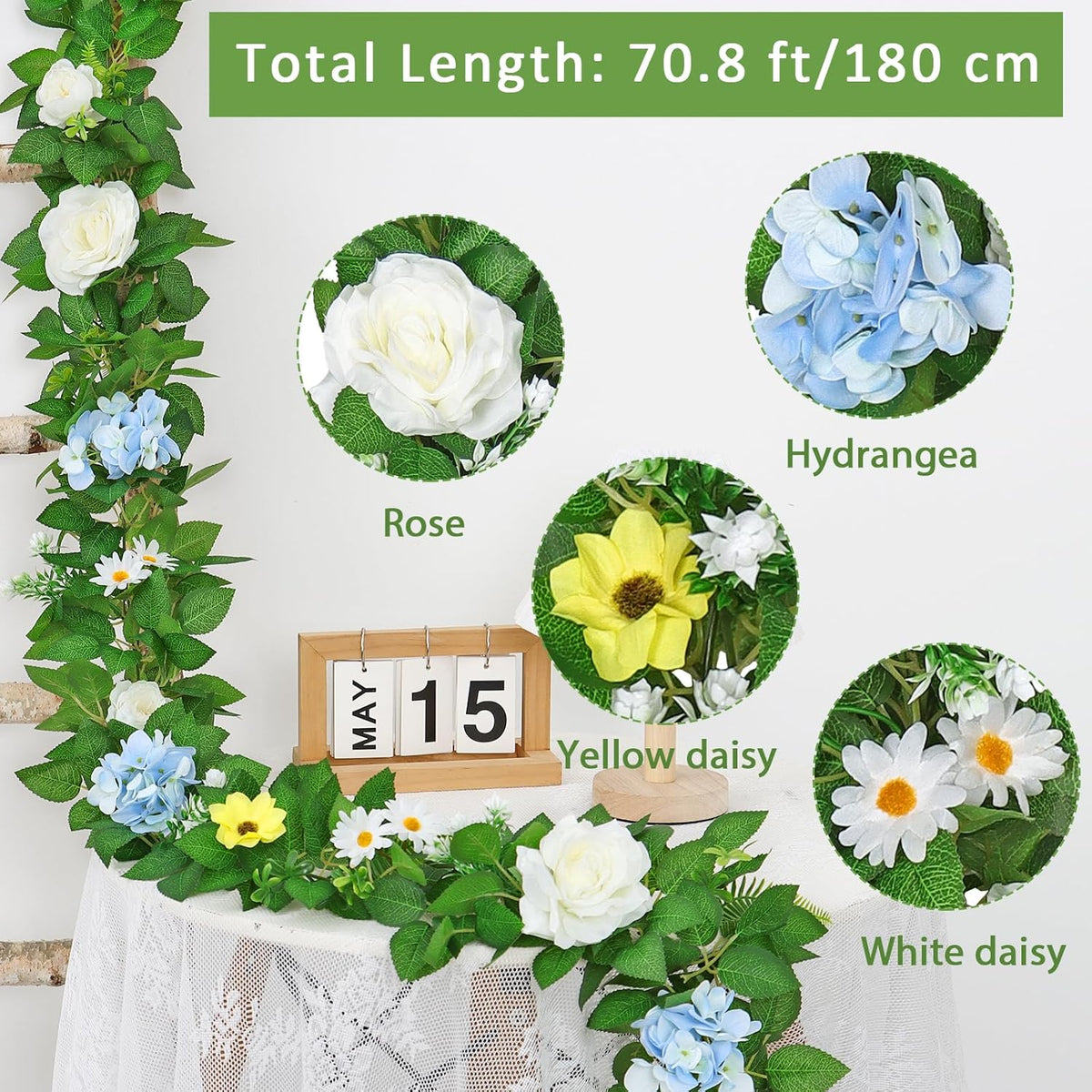 Dremisland 2PCS Artificial Rose Vine Fake Flower Garland 6FT Faux Silk Rose Hanging Vine Floral