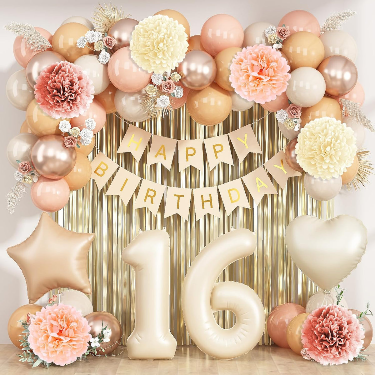 Beige 16th Birthday Decorations Girls Boys Cream Number 16 Balloon Nude Gold Happy Birthday Banner