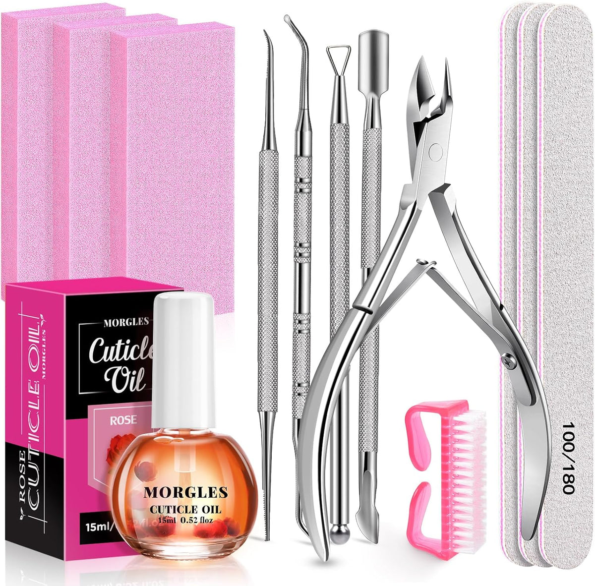 MORGLES Cuticle Remover Kit, 100/180 Nail File and Nail Buffer Blocks, 1 Pcs Rose Cuticle Oil and