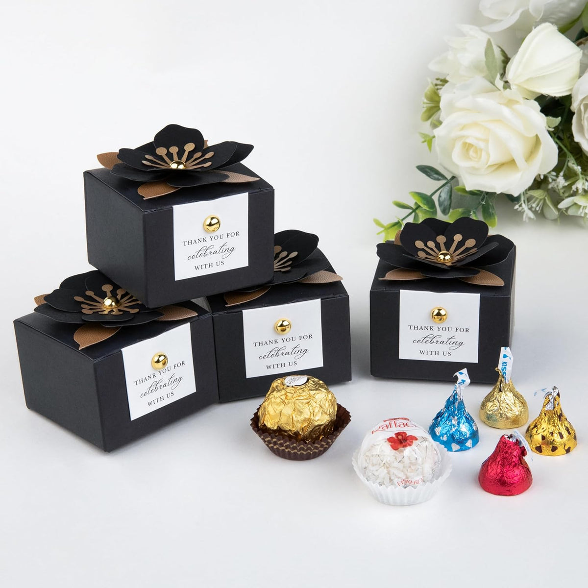 FEIYI 20 PCS Candy Boxes, 3 In 1 Black Favor Boxes with Floral Decor, White Thank You Tags Gift