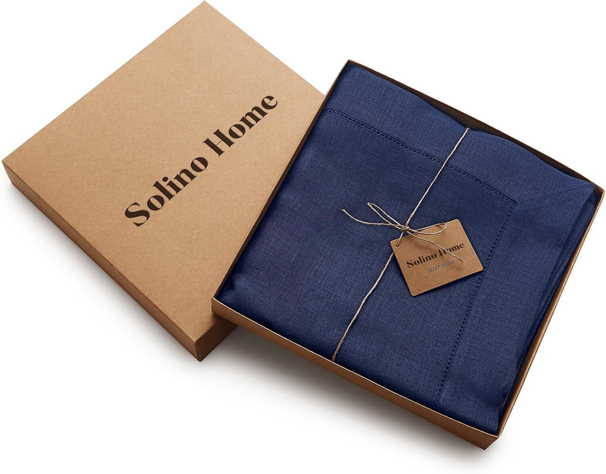 Solino Home Linen Navy Blue Tablecloth 60 x 144 Inch - Classic Hemstitch, 100% Pure Linen