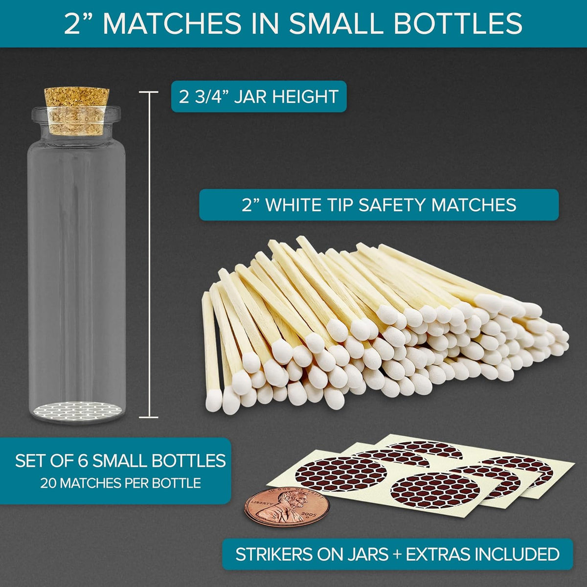 2" Classic White Tip Safety Matches | 6 Glass Bottles Each with Cork Top, Striker & 20 Matchsticks