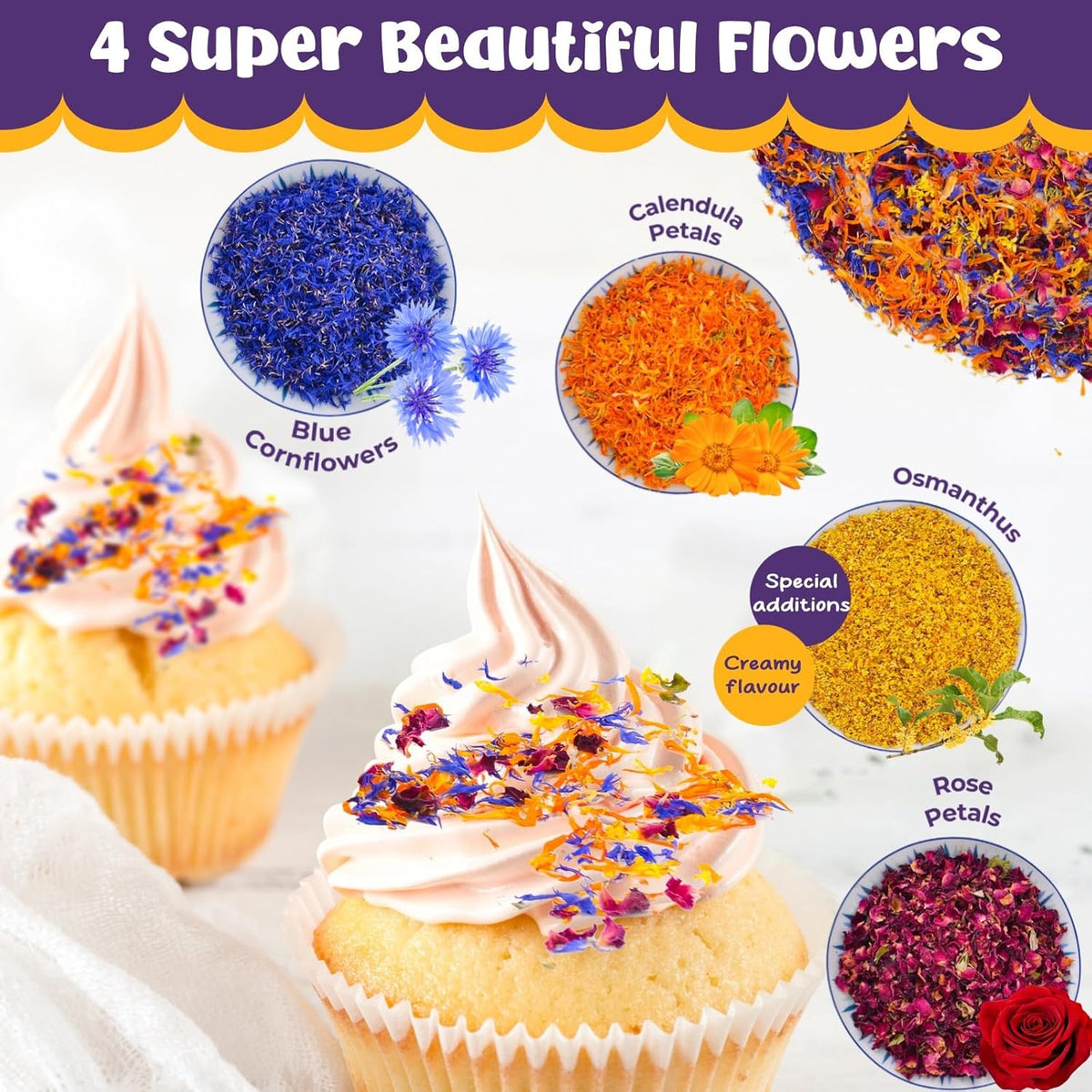 4 Kinds Natural Dried Edilble Flowers Petal Blend (1.5 Ounce), Edible Flowers for Cocktail, Cake