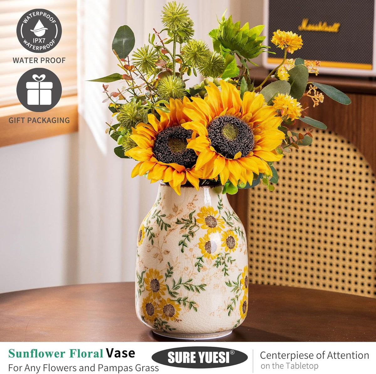 Sunflower Vintage Ceramic Yellow Floral Vase, Beige and Green Chinoiserie Home Decor for Fireplace
