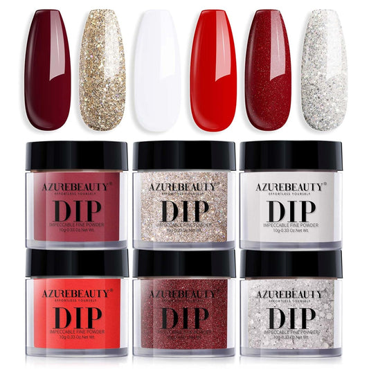 AZUREBEAUTY Dip Powder Nail Set, Red Burgundy Rose Berry Sparkle Milky Snow White Silver Glitter, 6