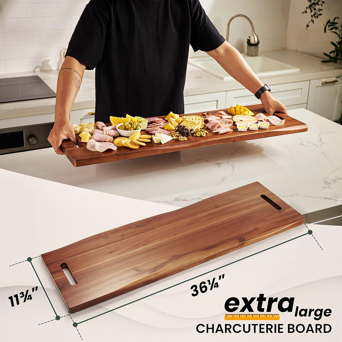 36" Large Acacia Wood Charcuterie Board with Handles - Extra Long Wooden Serving Cheese Boards