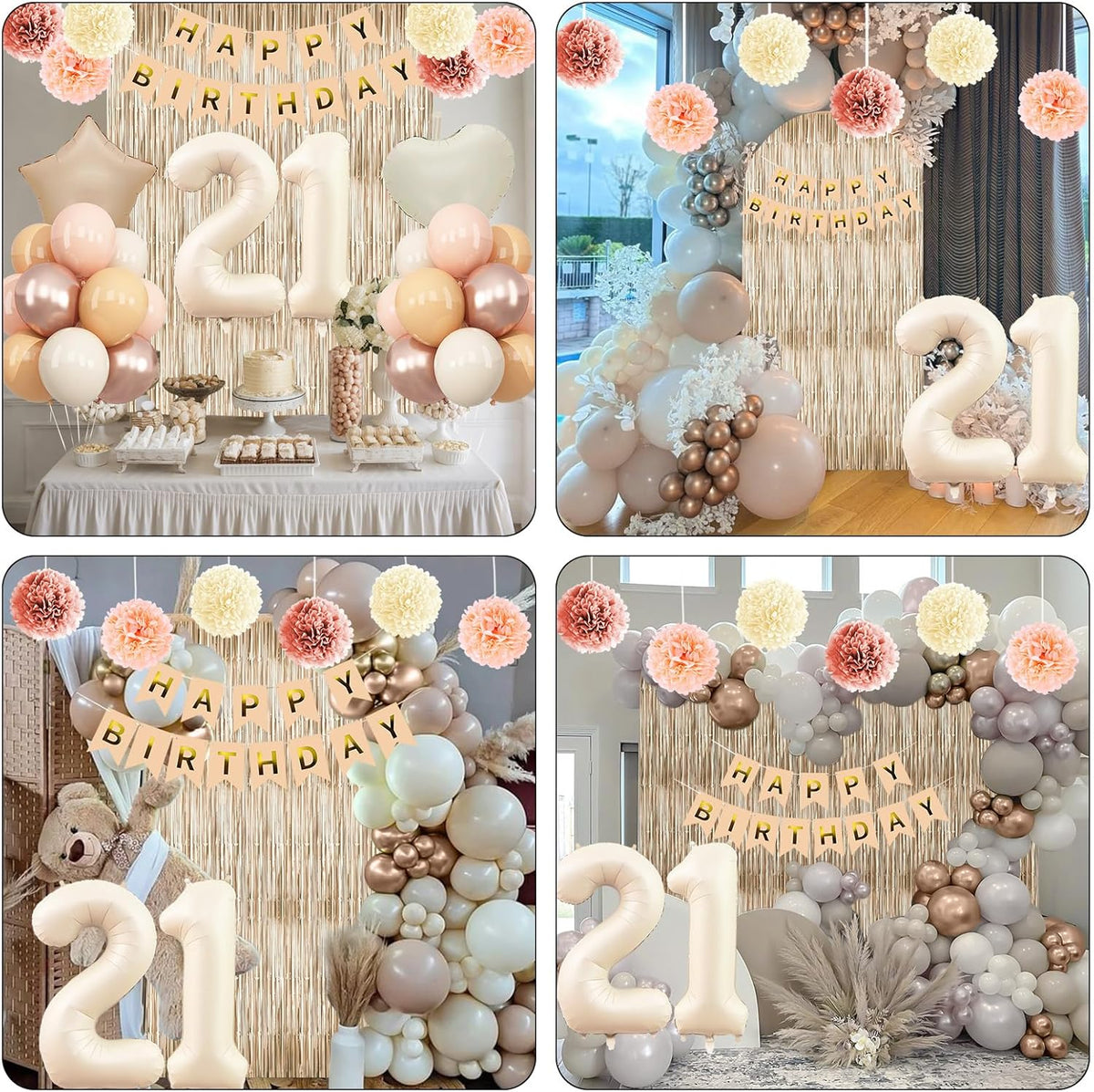 Beige 21st Birthday Decorations for Her Cream Number 21 Balloon Nude Gold Happy Birthday Banner