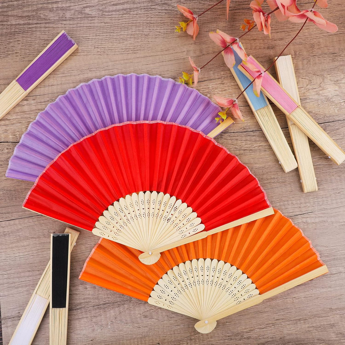 MCEAST 50 Pieces Silk Folding Fan with Bamboo Frames, Handheld Fan Folding Hand Fan Foldable Fan