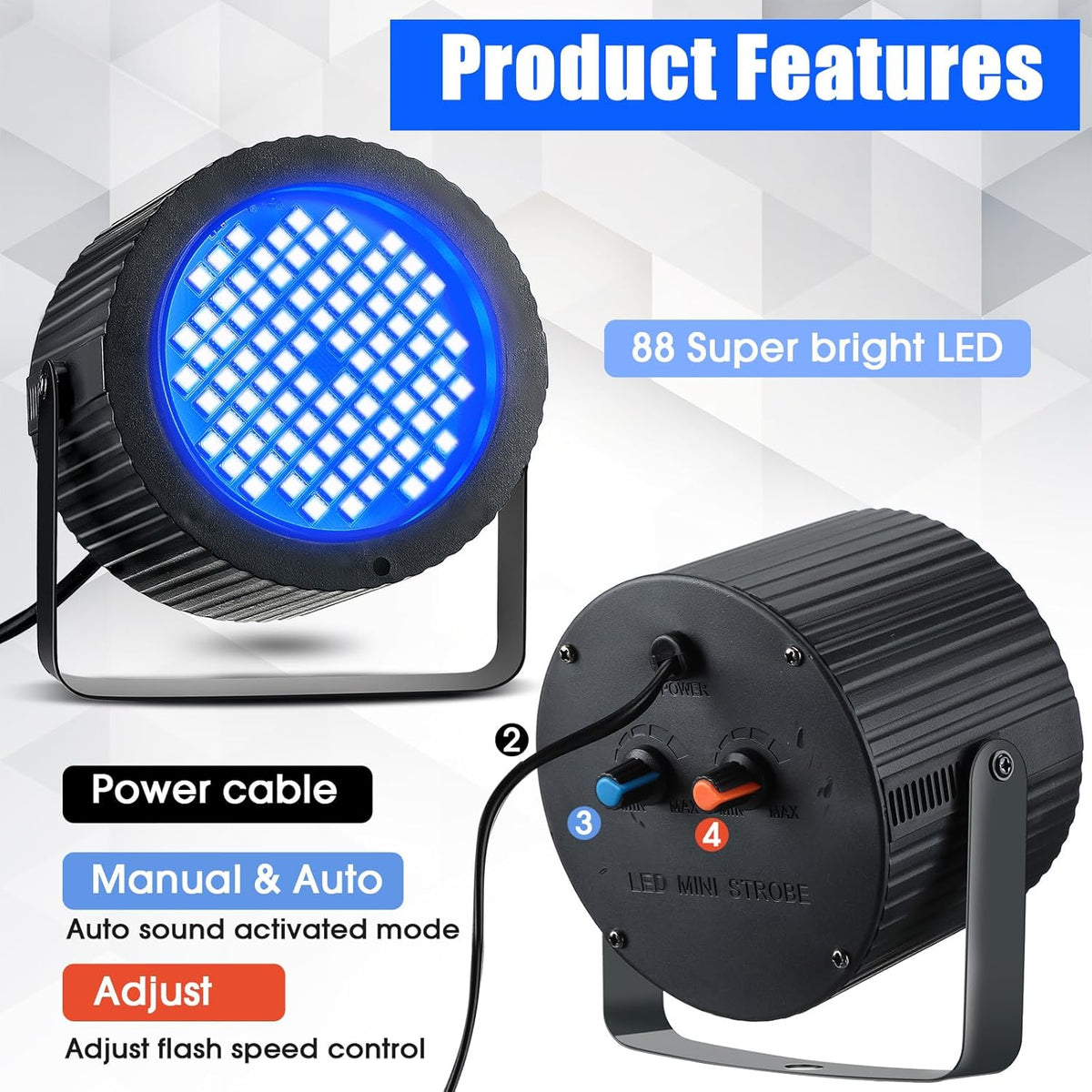 Funtery 2 Pcs Bright White Strobe Light 88 LEDs Flash Party Lighting Speed and Sound Modes Flashing