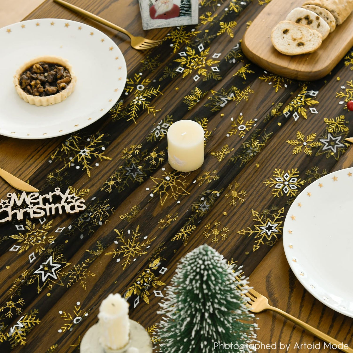 Artoid Mode Black Gold Snowflakes Christmas Gauze Table Runner 120 Inch 10FT, Winter Seasonal Sheer