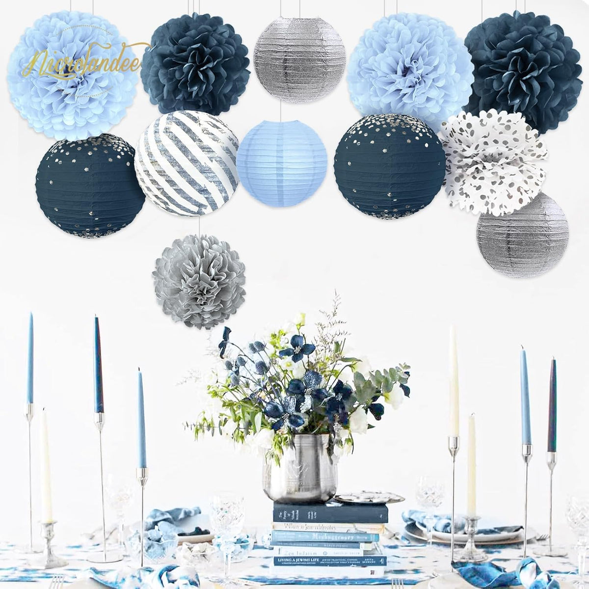 NICROLANDEE Dusty Blue Wedding Decorations, 12 PCS Blue Grey Tissue Pom Poms Paper Lanterns Decor