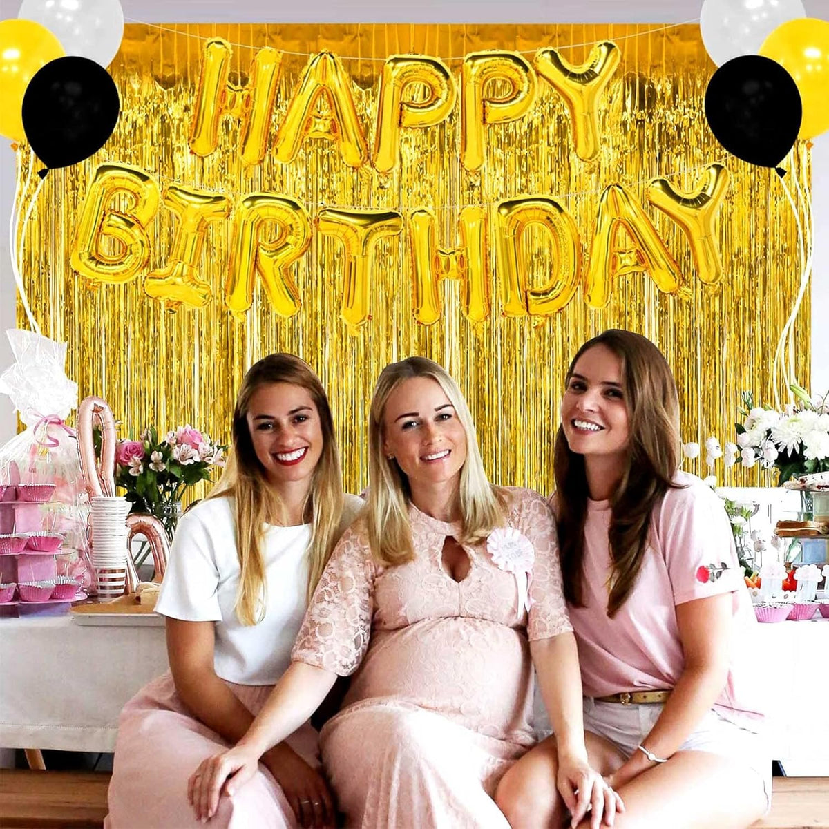 4 Pack Gold Foil Fringe Curtain Backdrop, 3.28Ft x 8.2Ft Metallic Tinsel Foil Fringe Streamer