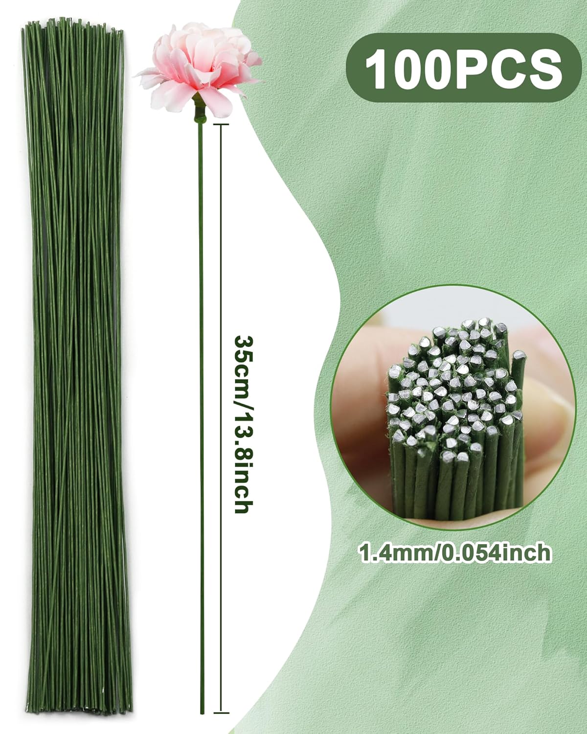 100 PCS FIVEIZERO 18 Gauge Green Floral Wire Stems for Artificial Flower Making,Florist Wire,Flower