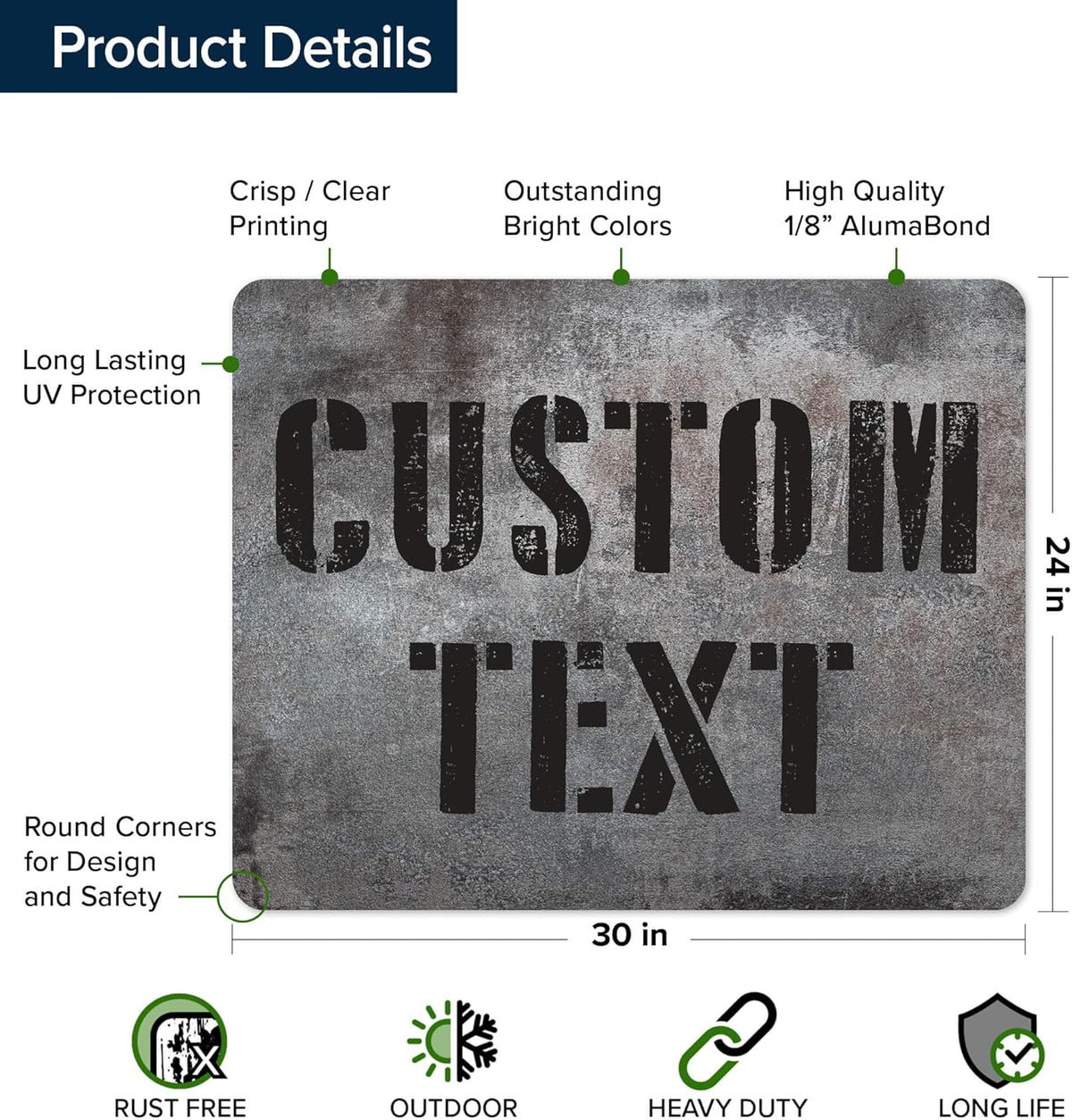 Custom Sign, Custom Street Sign, 11 Font Colors, 13 Font Styles, 4 Hole Options, 22 Sizes, 24x30