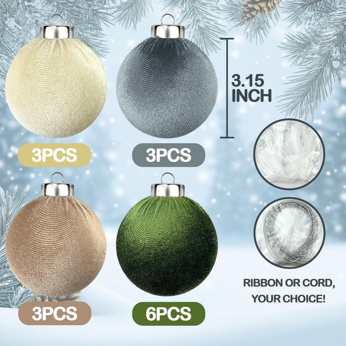 Velvet Ball Ornaments for Christmas Tree 15 PCS, Large Neutral Flocked Christmas Bulb Ornaments Set