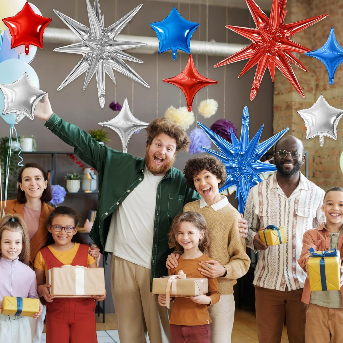 Blue Red Silver Star Balloon,16Pcs Star Foil Balloons Set with 22Inch Explosion Spike Cone Balloons